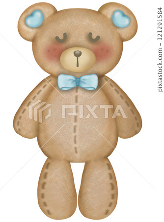 Teddy bear character cute baby boy, hand drawn pastel color for baby newborn childish greeting cards or invitations. Colorful drawing on white background. 121291584