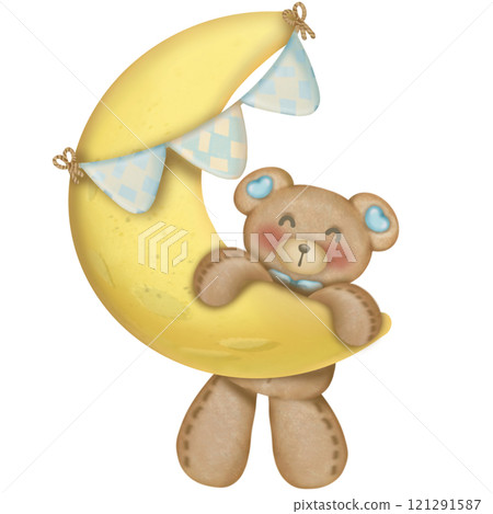 Teddy bear character cute baby boy, hand drawn pastel color for baby newborn childish greeting cards or invitations. Colorful drawing on white background. 121291587