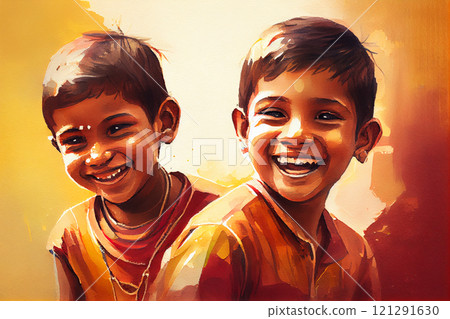 Portrait of an Indian boys, capturing the beauty and grace of their features with delicate brushstrokes and vivid colors, generative ai Portrait of an Indian boys, capturing the beauty and grace of their features with delicate brushstrokes and vivid colors, generative ai 121291630