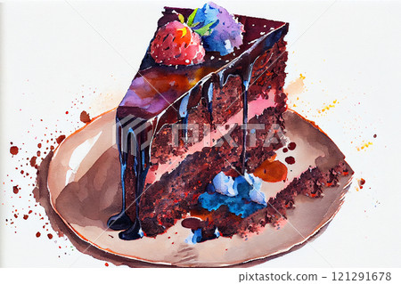 A slice of rich, home-made chocolate cake on a plate, generative ai 121291678