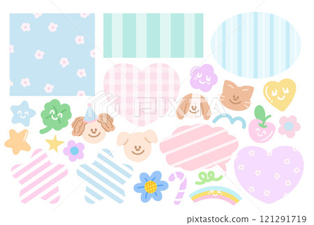 Pastel vector illustrations of puppy, cat, party hat, flowers, heart, rainbow, candy cane, cherry, text bubble, star for cartoon, characters, pet shop, comic, mascot, vet, floral print, text, message 121291719