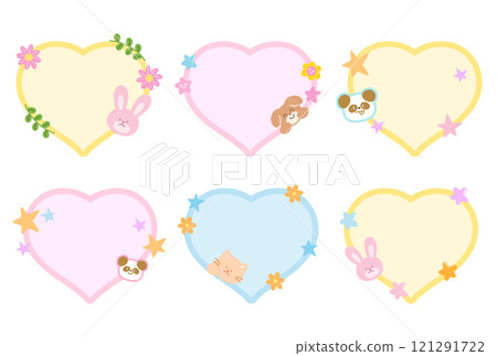 Cute vector illustration of panda, cat, bunny, puppy, flowers with heart shaped blank space for name tag, text bubble, sticker, animal print, memo note, sticky note, notepads, paper design, zoo 121291722