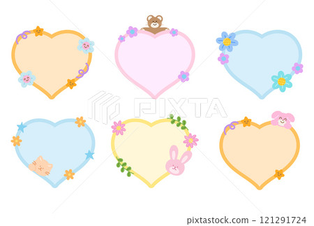 Cute vector illustration of teddy bear, cat, bunny, puppy, flowers with heart shaped blank space for name tag, text bubble, sticker, animal print, memo note, sticky note, notepads, paper design, zoo 121291724