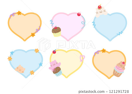 Cute vector illustration of cat, cupcake, flowers with heart shaped blank space for name tag, text bubble, sticker, animal print, memo note, sticky note, notepads, paper design, post card, gift wrap	 121291728