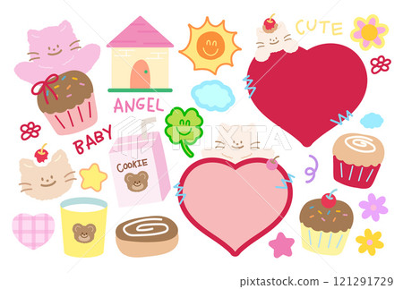 Cute vector illustrations of cat, red heart, cupcake, cookie milk box, chocolate donut, cupcake, home, clover leaf, sun, star, flowers for kitten cartoon, character, Valentine card, kid doll, pet shop 121291729