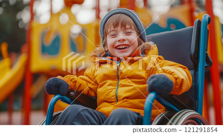 Smiling child with cerebral palsy enjoys time on playground in sunny afternoon 121291854