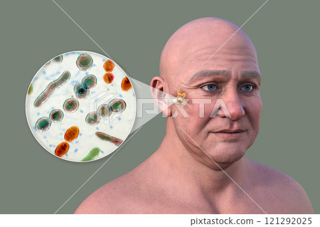 Otitis media in a man, 3D illustration Otitis media in a man, 3D illustration 121292025