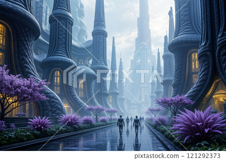 Futuristic cityscape with organic architecture and vibrant lights Futuristic cityscape with organic architecture and vibrant lights 121292373