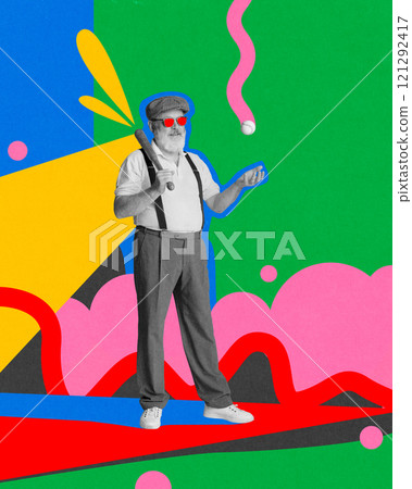 Senior man holding baseball bat and standing confidently against abstract colorful background. Contemporary art collage. 121292417