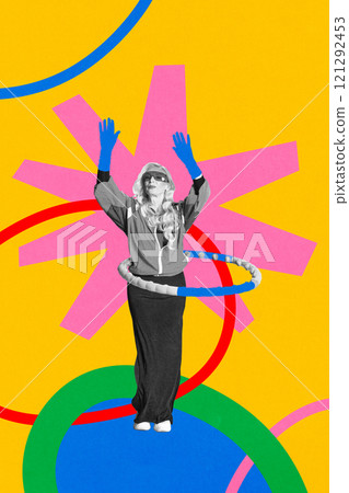 Elderly woman training with hula hoop against abstract colorful background. Contemporary art collage. Elderly woman training with hula hoop against abstract colorful background. Contemporary art collage. 121292453