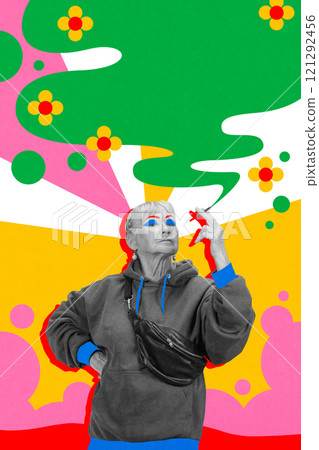 Elderly woman wearing a hoodie and bold makeup, posing confidently while smiling against abstract colorful background. Contemporary art collage. Elderly woman wearing a hoodie and bold makeup, posing confidently while smiling against abstract colorful background. Contemporary art collage. 121292456