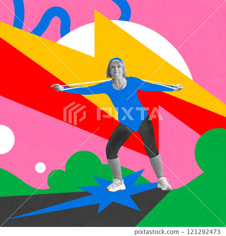 Elderly woman in sportswear training with resistance band again colorful background. Contemporary art collage. Elderly woman in sportswear training with resistance band again colorful background. Contemporary art collage. 121292473