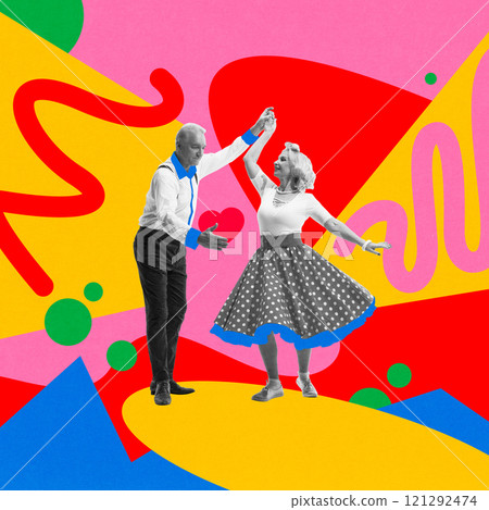 Elderly happy couple dancing against abstract colorful background. Contemporary art collage. Elderly happy couple dancing against abstract colorful background. Contemporary art collage. 121292474