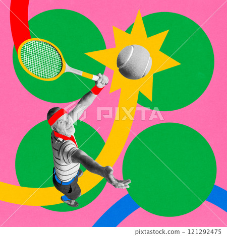 Energetic senior men playing tennis against colorful pop art background. Contemporary art collage. Energetic senior men playing tennis against colorful pop art background. Contemporary art collage. 121292475