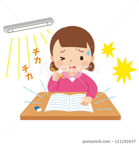 A girl who is troubled by visual and sensory hypersensitivity and dazzling light 121292637