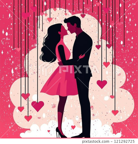 romantic couple embraces in heart filled illustration, surrounded by pink hues and falling hearts, capturing essence of love and affection 121292725