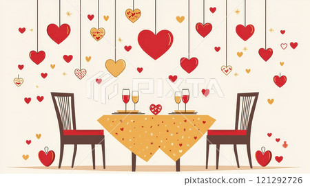 romantic dining setup with table adorned with hearts and decorations, perfect for special occasion. warm colors create cozy atmosphere 121292726