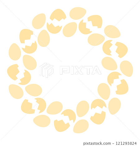 Whole Eggs and Cracked eggshell Circle Frame in trendy monochrome gold shade. Copy space Template Whole Eggs and Cracked eggshell Circle Frame in trendy monochrome gold shade. Copy space Template 121293824