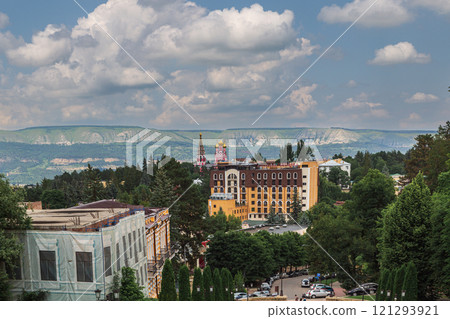 Kislovodsk Kurortny Boulevard aerial panoramic view. Kislovodsk is a spa city in Caucasian Mineral Waters region, Stavropol Krai, Russia. Kislovodsk Kurortny Boulevard aerial panoramic view. Kislovodsk is a spa city in Caucasian Mineral Waters region, Stavropol Krai, Russia. 121293921