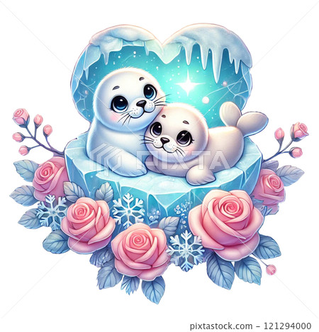 Cute seal pups surrounded by flowers and icy decorations. Valentine cartoon character. 121294000