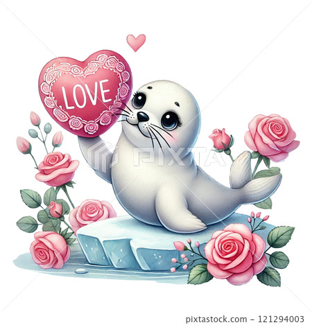 Cute seal with heart among beautiful roses, evoking love and joy. Valentine cartoon character. 121294003