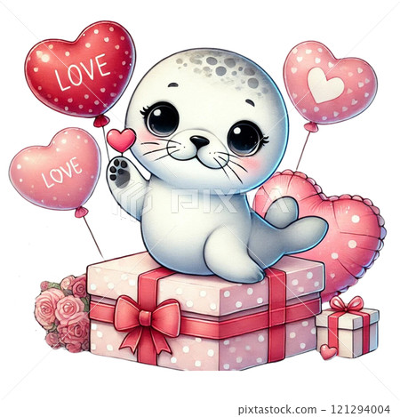 Cute seal with heart-shaped balloons on a gift box. Valentine cartoon character. 121294004