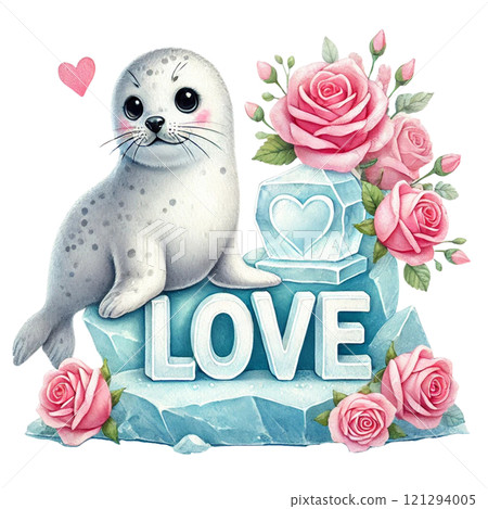 Cute seal with roses conveying love and affection. Valentine cartoon character. 121294005