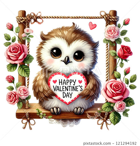 A cute owl framed by roses wishing Happy Valentine's Day. Valentine cartoon character. A cute owl framed by roses wishing Happy Valentine's Day. Valentine cartoon character. 121294192