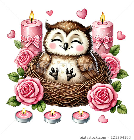 A cute owl nestled in a floral nest surrounded by candles and hearts. Valentine cartoon character. A cute owl nestled in a floral nest surrounded by candles and hearts. Valentine cartoon character. 121294193