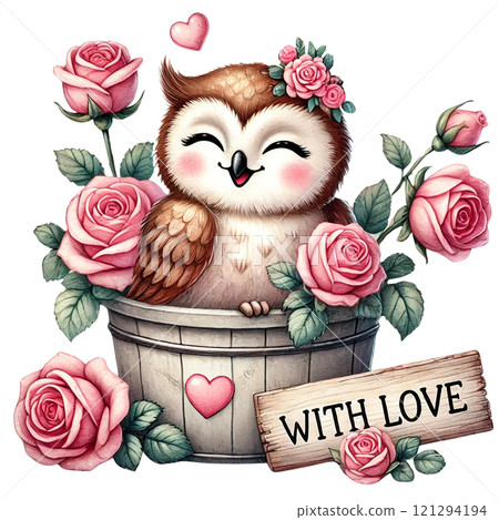 A cute owl with roses, radiating love and happiness. Valentine cartoon character. A cute owl with roses, radiating love and happiness. Valentine cartoon character. 121294194