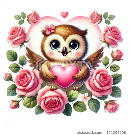 Cute owl holding a heart surrounded by beautiful roses. Valentine cartoon character. 121294208