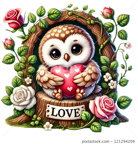 Cute owl holding a heart surrounded by flowers and greenery. Valentine cartoon character. 121294209