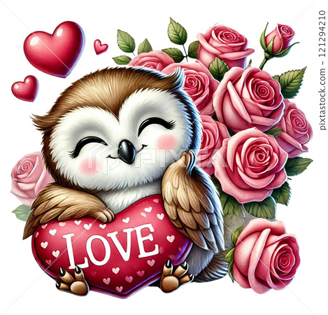 Cute owl holding a heart surrounded by pink roses and hearts. Valentine cartoon character. 121294210