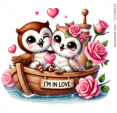 Two adorable owls in a boat surrounded by roses, symbolizing love. Valentine cartoon character. 121294225