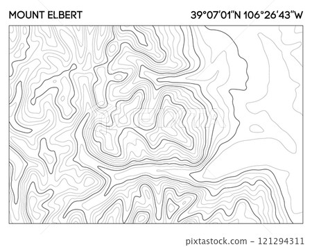 Topographic map of Mount Elbert with precise elevation lines and geographic coordinates for exploration. Topographic map vector. Topographic map of Mount Elbert with precise elevation lines and geographic coordinates for exploration. Topographic map vector. 121294311