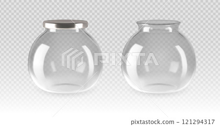 Transparent glass jars with metal and open tops on isolated background 121294317