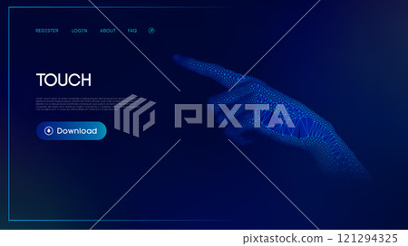 Wireframe robot hand in low poly style. Futuristic wireframe hand pointing on a blue digital interface background. Science, future technology. Wireframe robot hand in low poly style. Futuristic wireframe hand pointing on a blue digital interface background. Science, future technology. 121294325