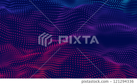 Colorful abstract wave pattern with flowing dots and dynamic gradient, technology and data visualization. Colorful abstract wave pattern with flowing dots and dynamic gradient, technology and data visualization. 121294336