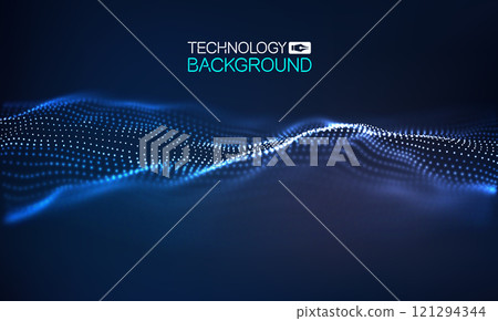 Futuristic technology background with flowing digital wave and blue dot pattern in dark gradient Futuristic technology background with flowing digital wave and blue dot pattern in dark gradient 121294344
