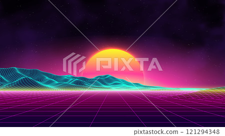Retro futuristic digital landscape with neon grid and glowing sunset in cyberpunk style 121294348