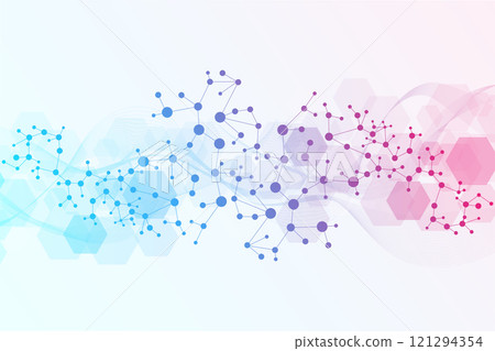 Modern abstract molecules structure for science or medical background. DNA helix or atom visualization. Molecular wave flow abstract background. Vector illustration Modern abstract molecules structure for science or medical background. DNA helix or atom visualization. Molecular wave flow abstract background. Vector illustration 121294354