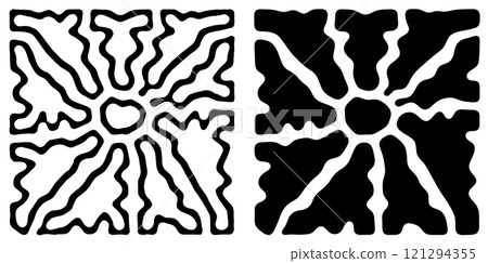 Abstract groovy sun design with organic black and white shapes in a bold geometric pattern 121294355