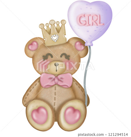 Teddy bear character cute baby girl, Hand drawn pastel color for baby newborn childish greeting cards or invitations. Colorful drawing. 121294514