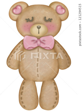 Teddy bear character cute baby girl, Hand drawn pastel color for baby newborn childish greeting cards or invitations. Colorful drawing. 121294515