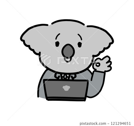 Koala character looking at a computer and making an OK sign 121294651