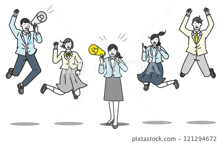 老師用擴音器歡呼，男女學生跳躍-為考生加油-人物簡單向量圖素材 121294672