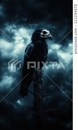 dark crow with skull face perched on branch dark crow with skull face perched on branch 121294878