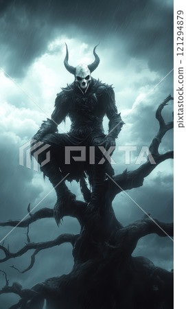 dark demon figure with skull face sits on twisted tree dark demon figure with skull face sits on twisted tree 121294879