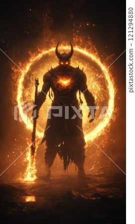 demon with burning sword and fiery eyes stands tall demon with burning sword and fiery eyes stands tall 121294880