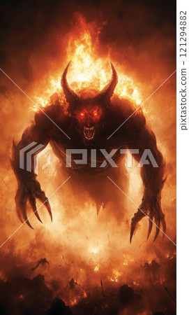 fierce demon with fiery aura and sharp claws emerges fierce demon with fiery aura and sharp claws emerges 121294882